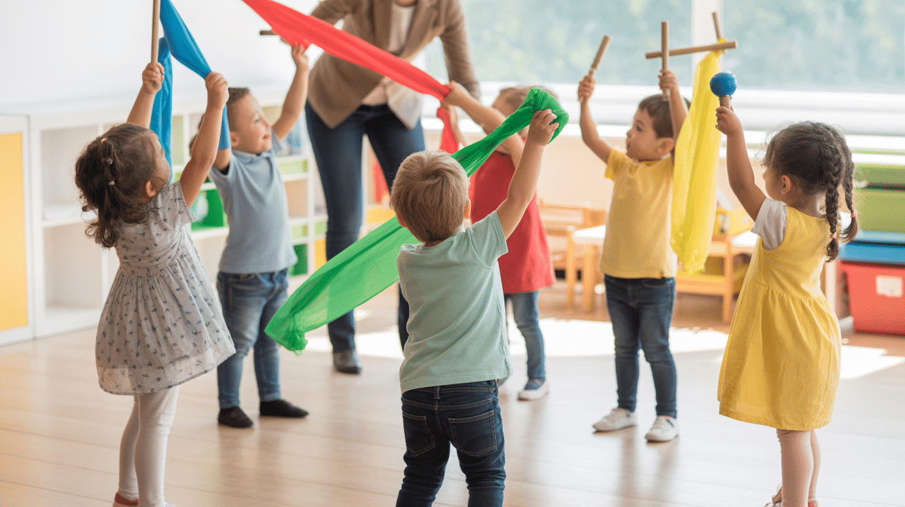 Preschoolers doing music-and-movement with scarves and shakers