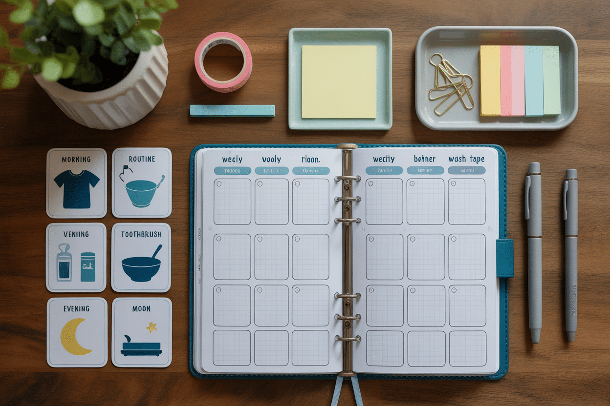 Top‑down flat‑lay of a weekly family planner, icon‑only routine cards, sticky notes, pens, and a tidy tray for clips