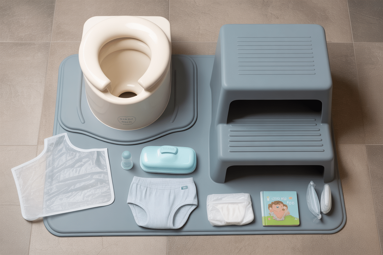 Potty training setup with child potty, stool, training pants, and engaging book for toddlers.