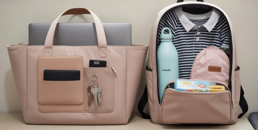 Chic pink tote and backpack with laptop, wallet, water bottle, and lunch box for stylish organization.