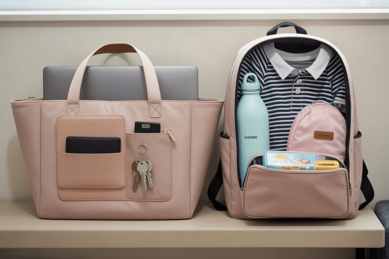 Chic pink tote and backpack with laptop, wallet, water bottle, and lunch box for stylish organization.