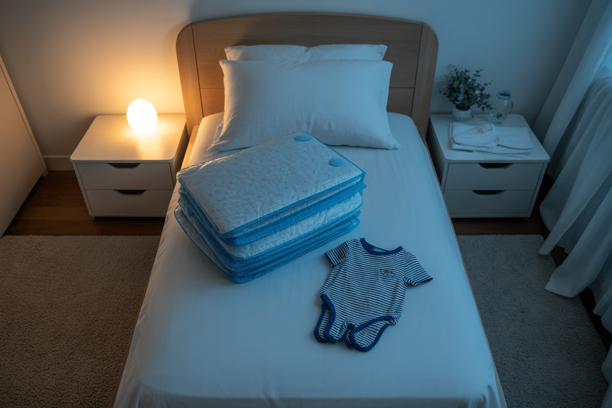 Toddler bed prepared for night training with layered waterproof protectors and fitted sheets, small night light nearby