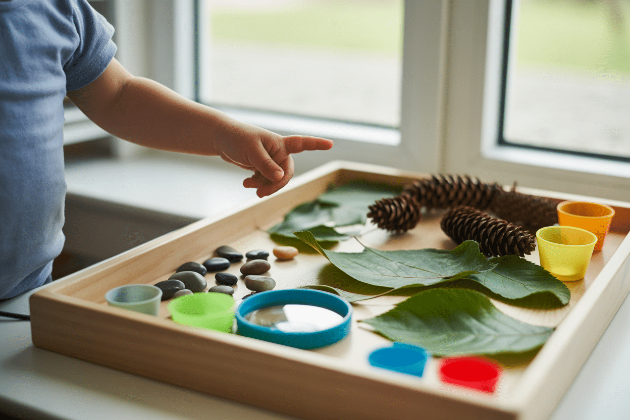 Nature discovery tray with leaves, stones, cones and magnifier